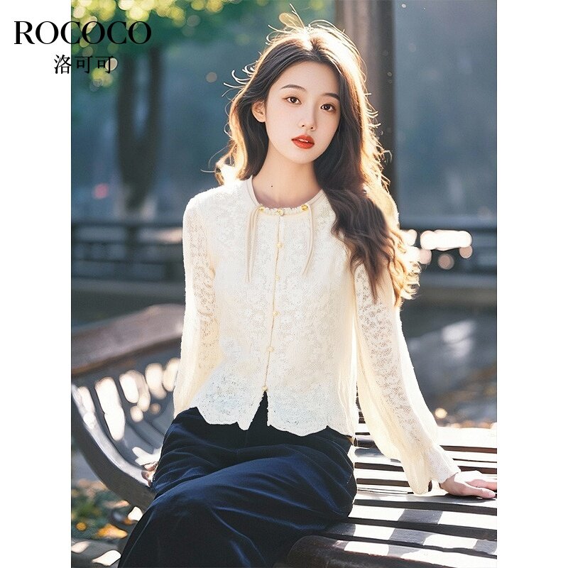 ROCOCO/洛可可国风圆领提花泡泡袖衬衫夏季气质镂空花边长袖小衫