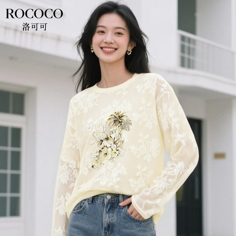 ROCOCO/洛可可蕾丝拼接设计感宽松T恤女秋季新款透气圆领短袖上衣