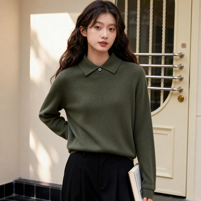 ROCOCO/洛可可绵羊毛翻领针织衫女坑条纹理简约休闲秋冬套头上衣