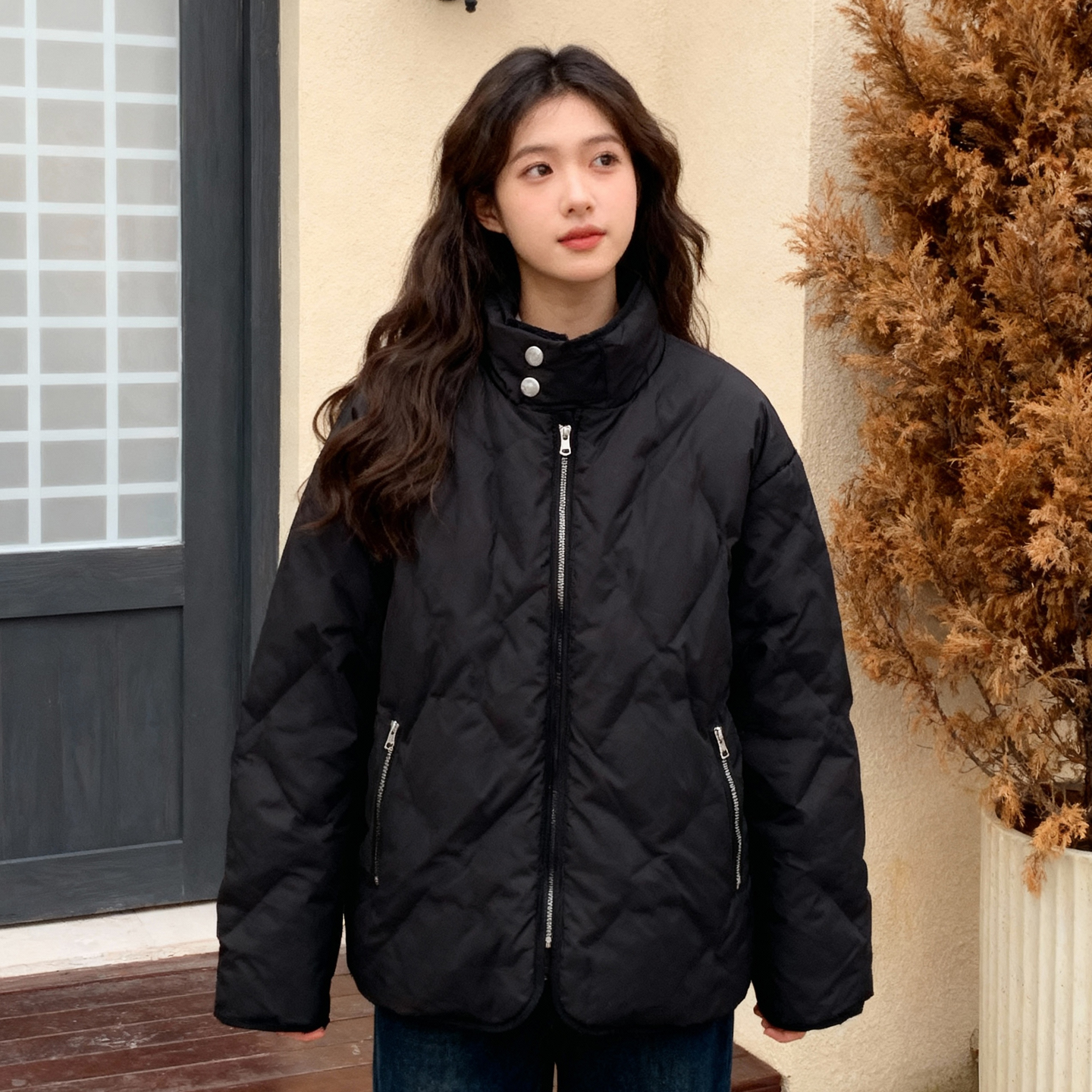 洛可可菱格立领白鸭绒羽绒服