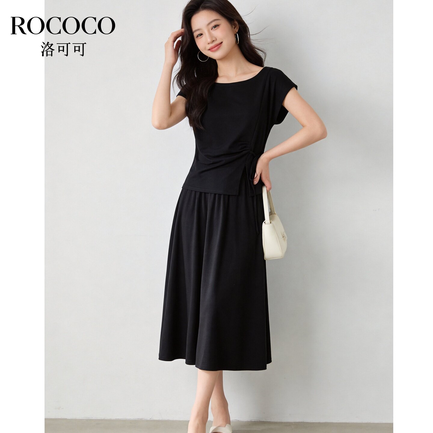 ROCOCO/洛可可法式系带收腰T恤女黑色a字裙26夏季新款两件套