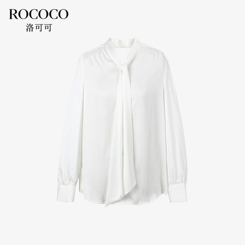 ROCOCO/洛可可立领系带缎面衬衫女今年夏季新款高级纯色长袖衬衣