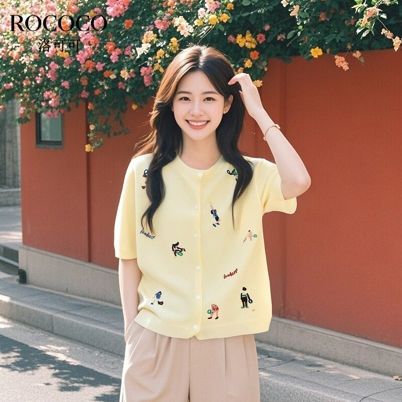 ROCOCO/洛可可美式复古短袖针织开衫女夏季卡通刺绣短款圆领上衣