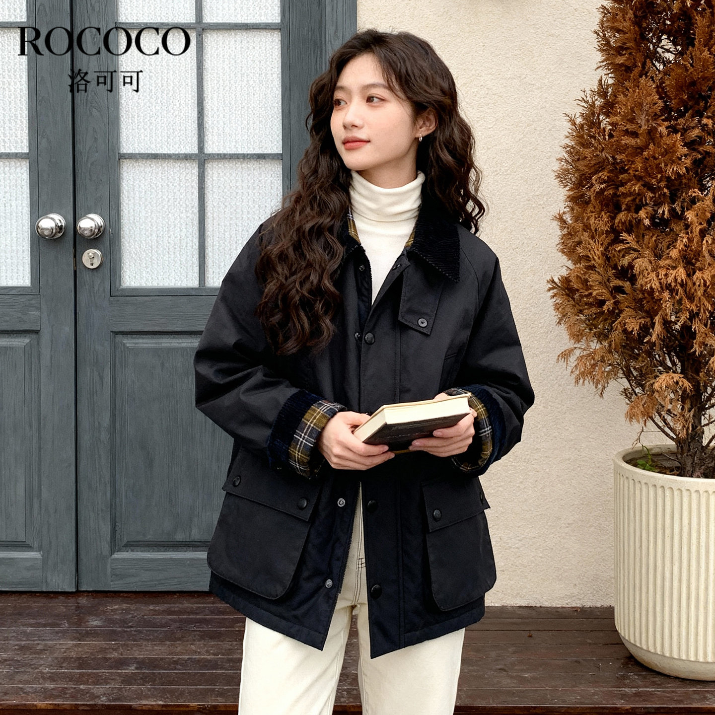 ROCOCO/洛可可撞色格纹拼接工装棉服女2025秋冬新款复古宽松外套