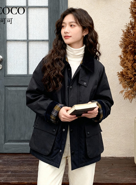 ROCOCO/洛可可撞色格纹拼接工装棉服女2025秋冬新款复古宽松外套