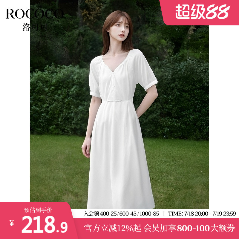 ROCOCO/洛可可法式V领泡泡袖连衣裙夏季高级感系带收腰中长款裙子