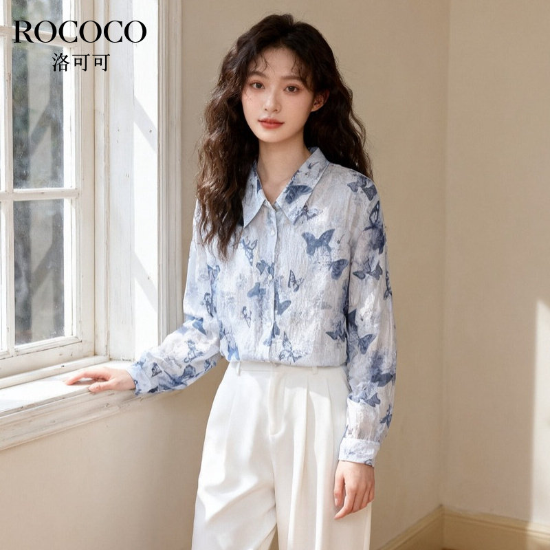 ROCOCO/洛可可天丝蝴蝶印花长袖衬衫女2025夏季新款宽松薄款衬衣