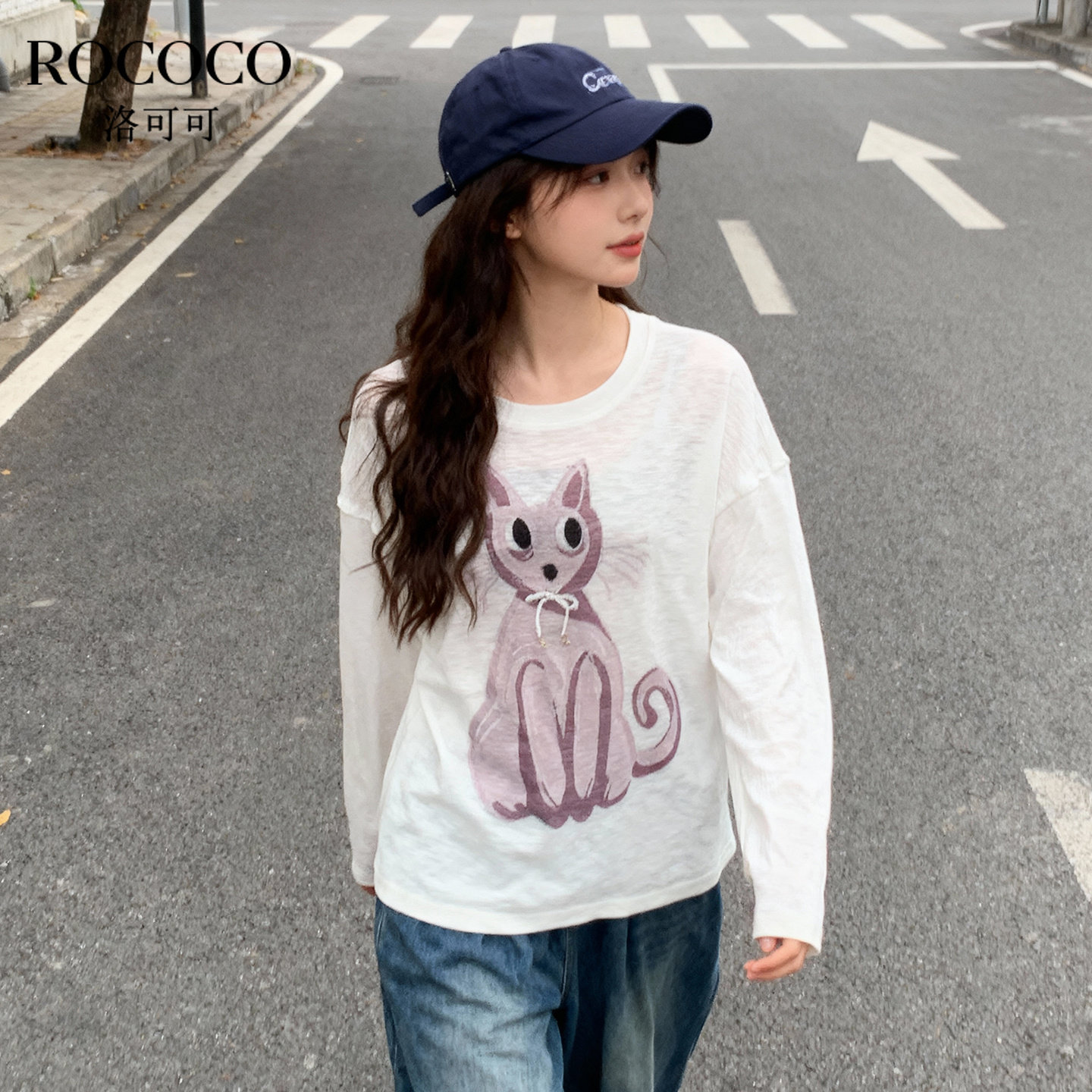 ROCOCO/洛可可2025可爱风猫咪刺绣长袖针织衫女百搭通勤减龄上衣