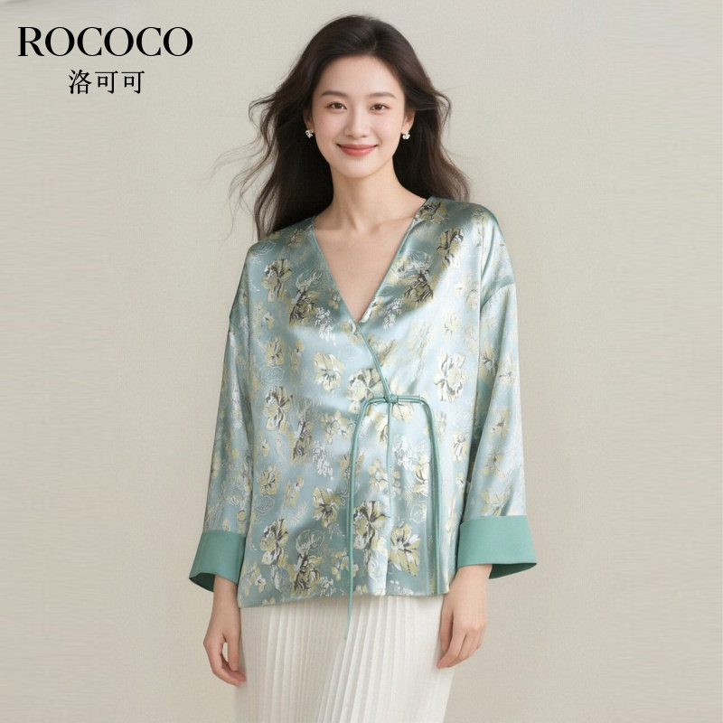ROCOCO/洛可可新中式刺绣V领短款外套秋季时尚一粒扣国风长袖上衣
