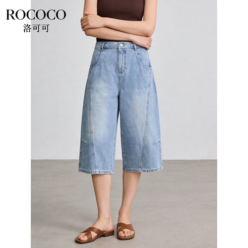 ROCOCO/洛可可复古高腰牛仔裤女夏季宽松显瘦休闲七分阔腿裤