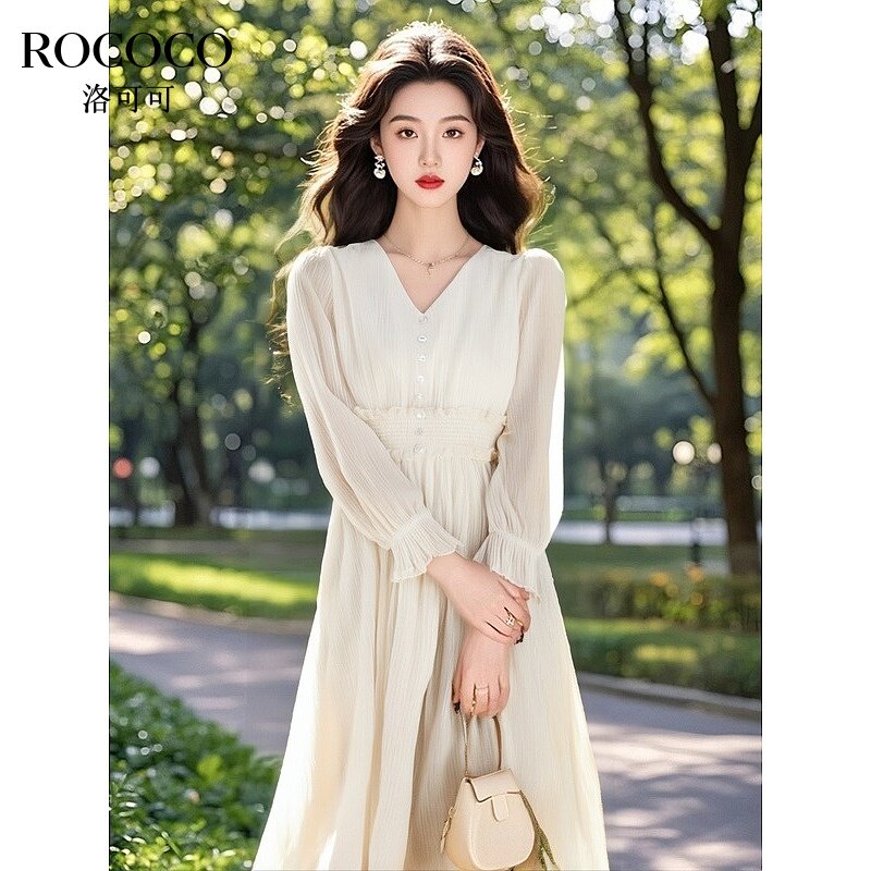 ROCOCO/洛可可V领收腰泡泡袖连衣裙女2025夏季气质纯色花边长裙子