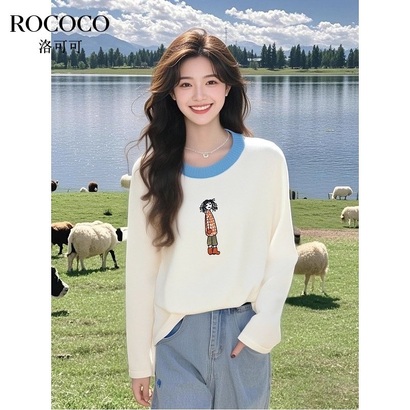 ROCOCO/洛可可绵羊毛卡通刺绣针织衫女2025春季新款撞色圆领上衣