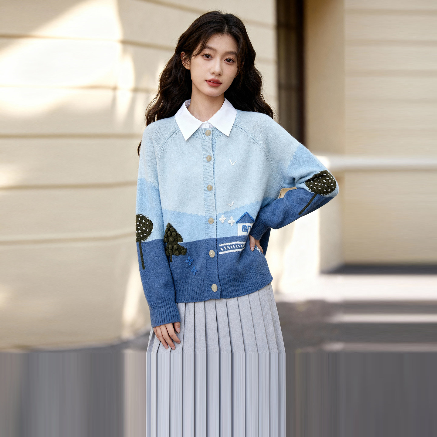 ROCOCO/洛可可浅蓝风景提花针织开衫女立体装饰温柔春款外套,女装/女士精品,毛衣,淘宝优惠券,粉丝福利购,淘宝优惠卷