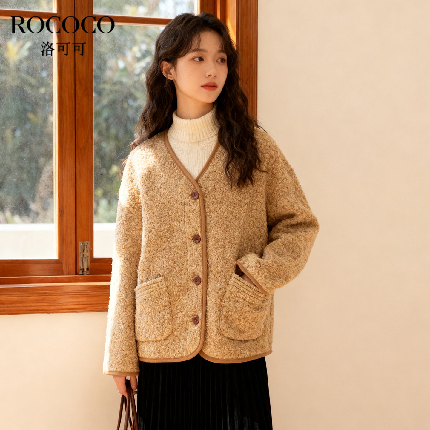 ROCOCO/洛可可2025秋冬新款韩系时尚短款V领气质加厚小个子外套女