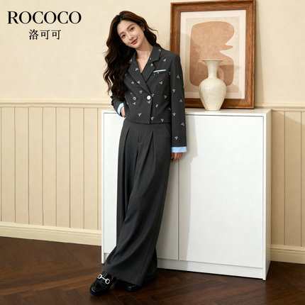 ROCOCO/洛可可新款撞色袖口印花短款西装套装女高腰阔腿裤两件套