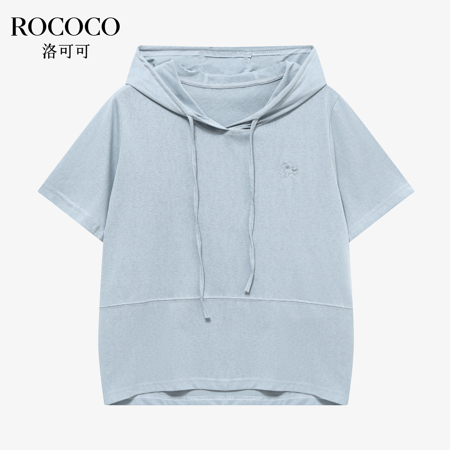 ROCOCO/洛可可连帽抽绳纯色短袖T恤女夏季新款宽松亚麻上衣
