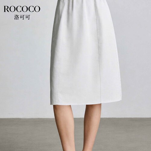 ROCOCO/洛可可简约藏青色高腰半身裙女A摆显瘦松紧腰中长裙