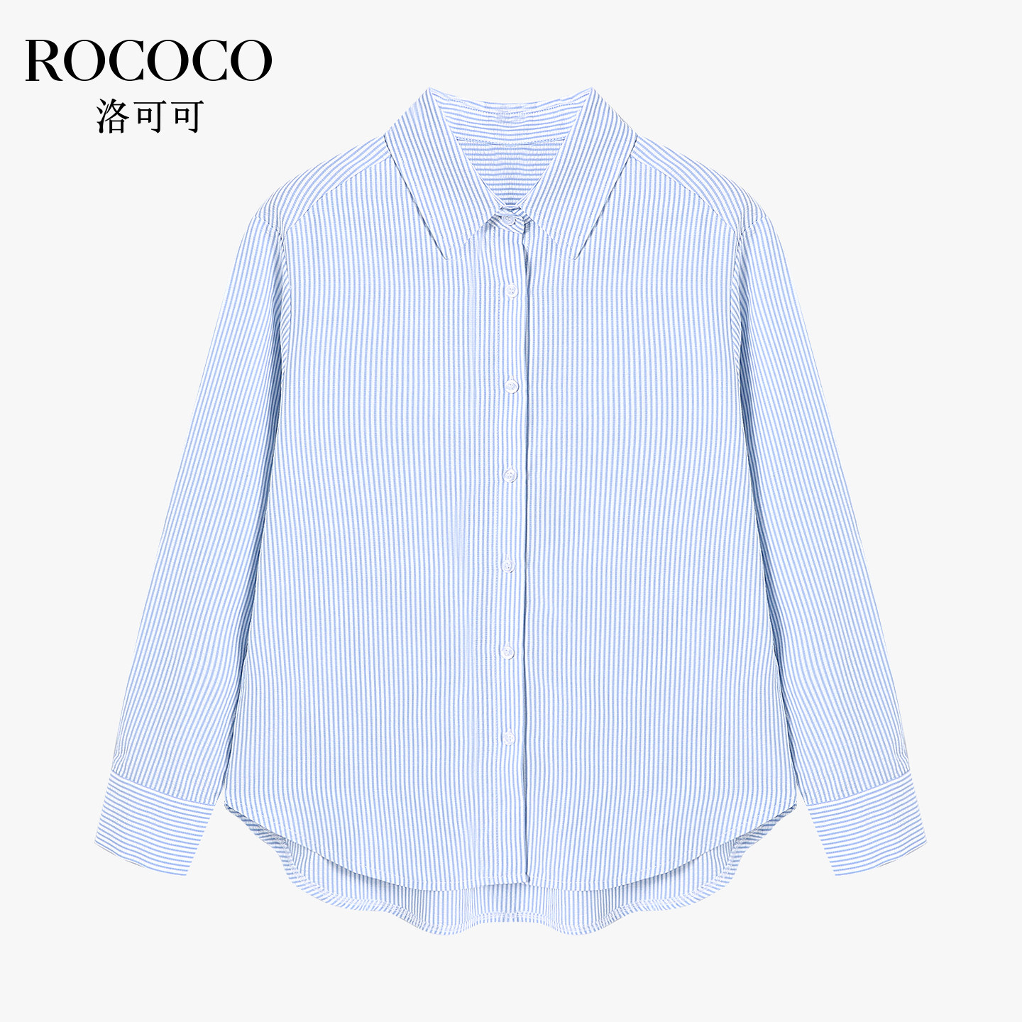 ROCOCO/洛可可蓝白条纹翻领衬衫女夏季新款棉慵懒莱赛尔衬衣