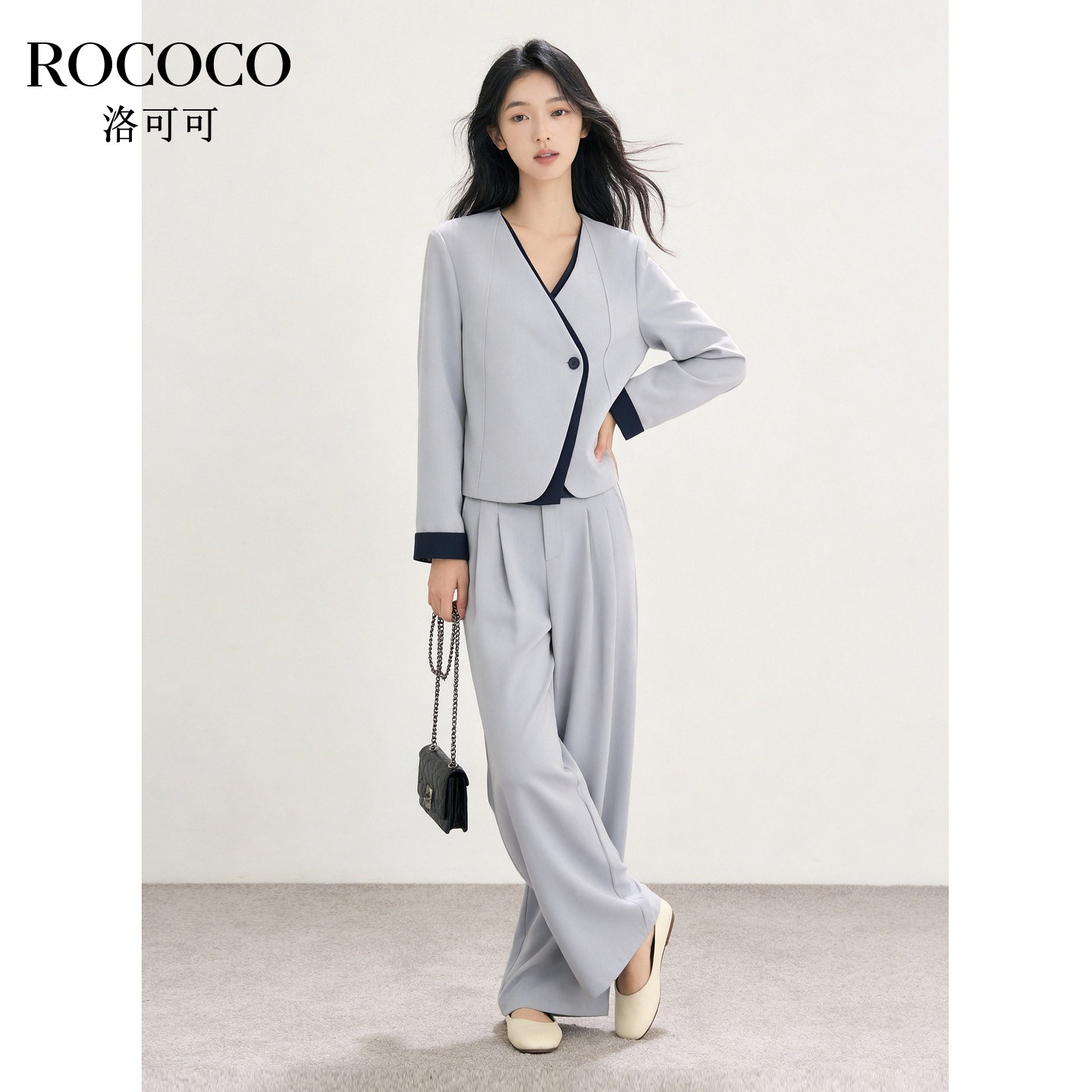 韩系撞色西服套装女长裤两件套