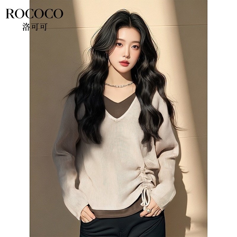 ROCOCO/洛可可撞色V领假两件针织衫2025女春季绵羊毛抽绳长袖上衣
