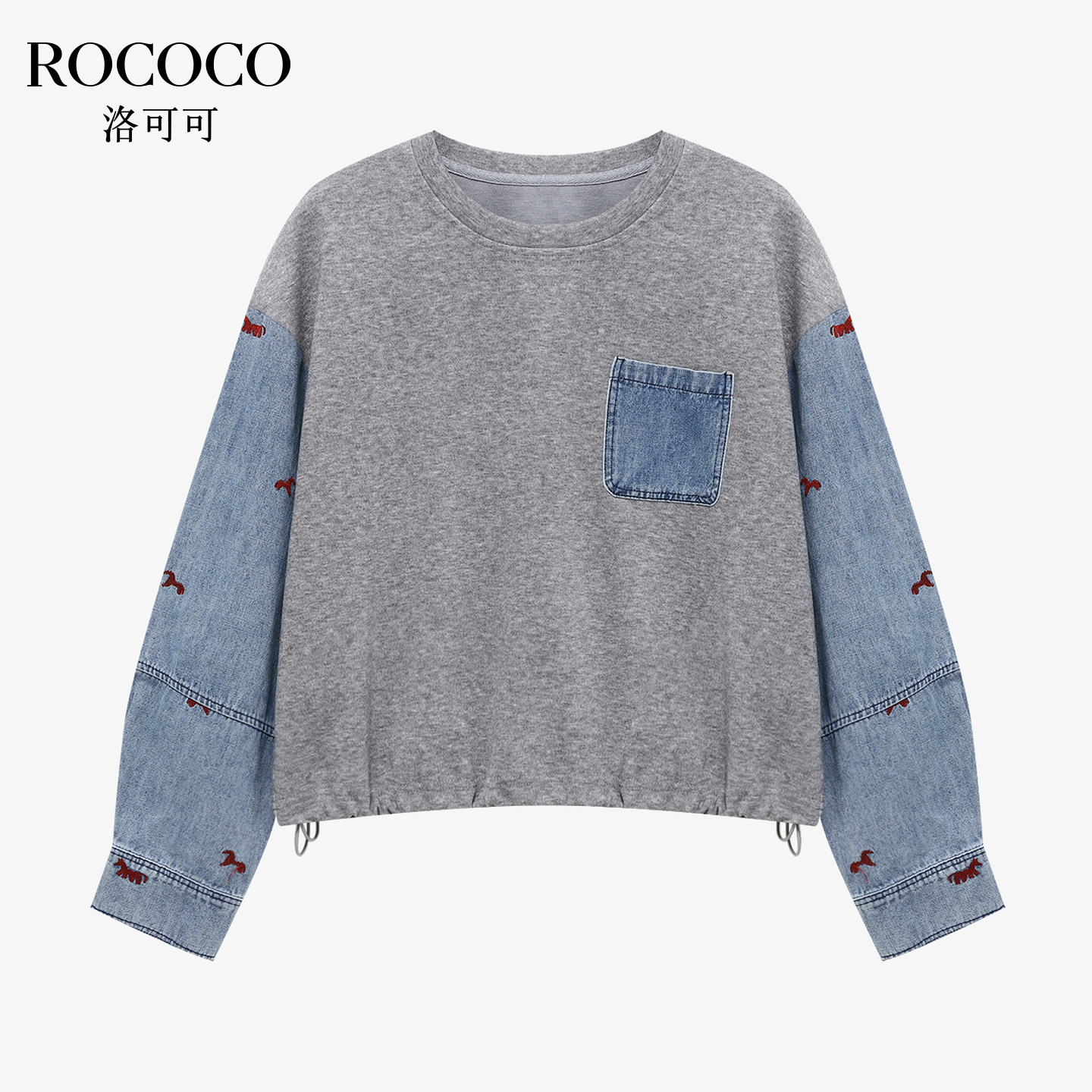 ROCOCO/洛可可春季新款复古做旧上衣女牛仔拼接套头圆领卫衣