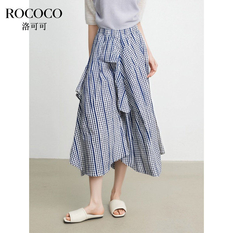 ROCOCO/洛可可撞色格子不规则半身裙女夏季气质拼接A字中长款裙子