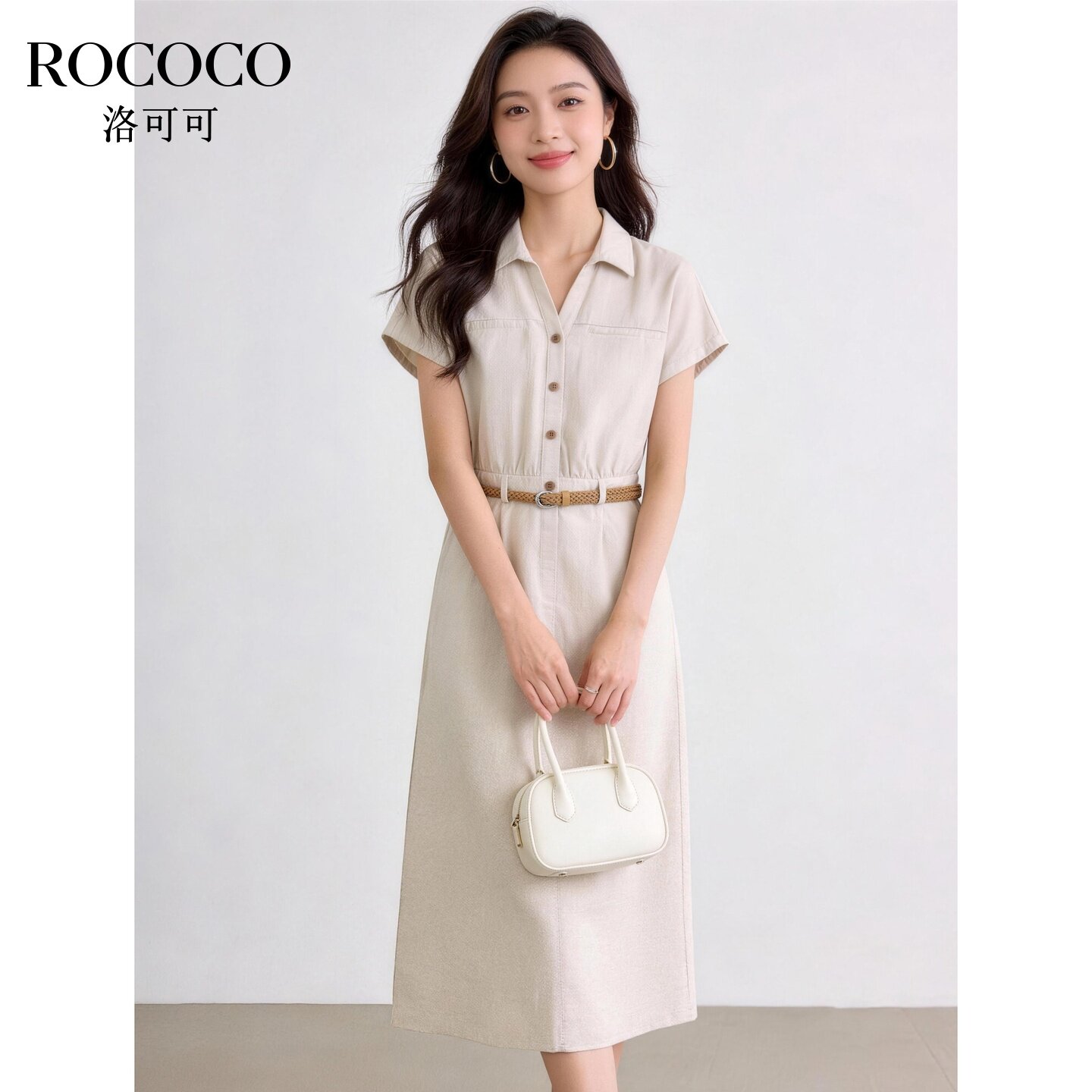 ROCOCO/洛可可收腰莱赛尔连衣裙女2夏季新款腰带修身亚麻衬衫长裙
