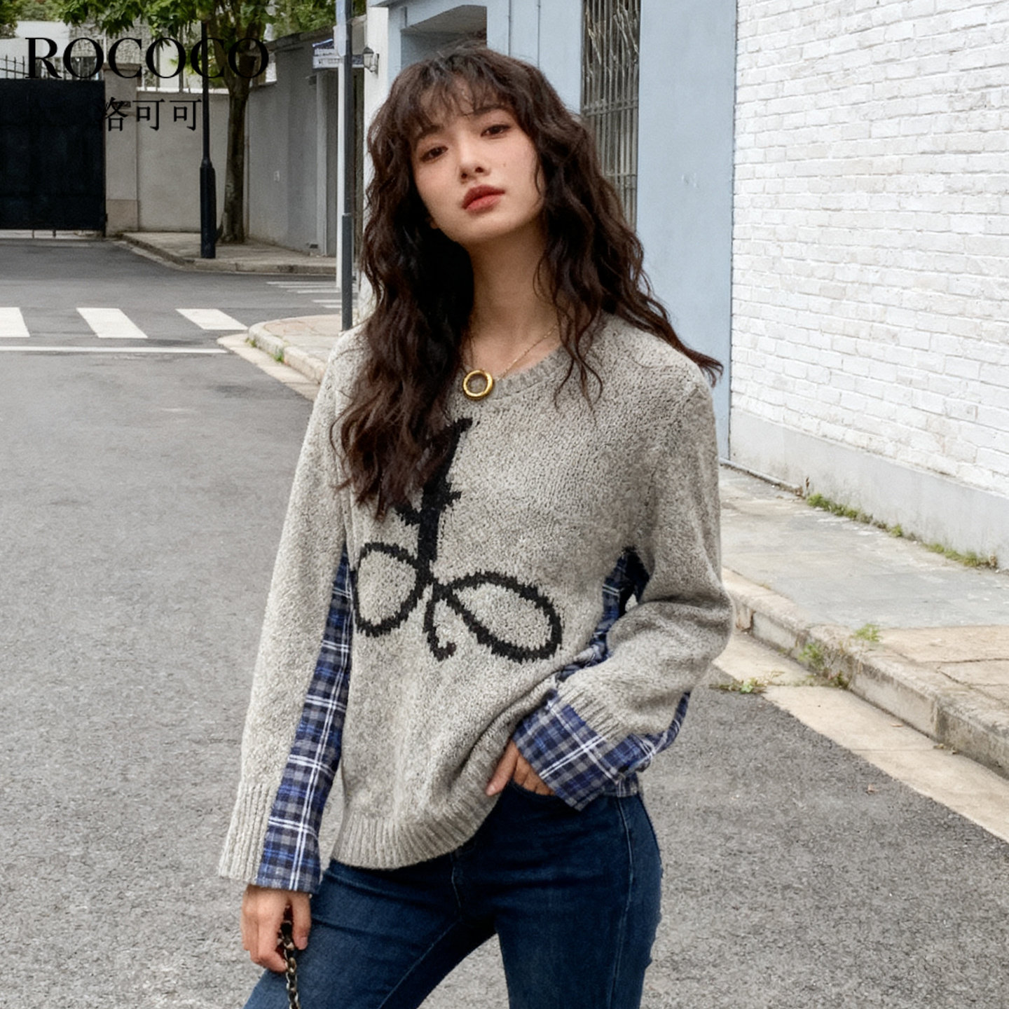 ROCOCO/洛可可2025秋新款长袖圆领毛衣女印花图案套头绵羊毛上衣