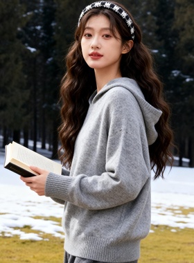 ROCOCO/洛可可浅灰色连帽针织衫女宽松休闲百搭秋冬套头毛衣