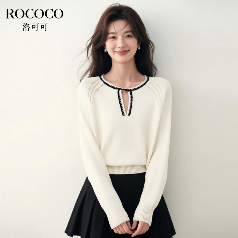 ROCOCO/洛可可撞色开叉领口设计2025秋季新款宽松纹理针织衫