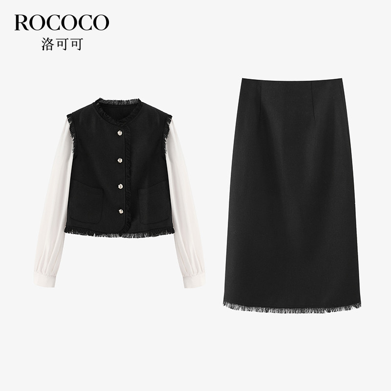 ROCOCO/洛可可春季气质套装假两件衬衫拼接上衣毛边半身裙两件套