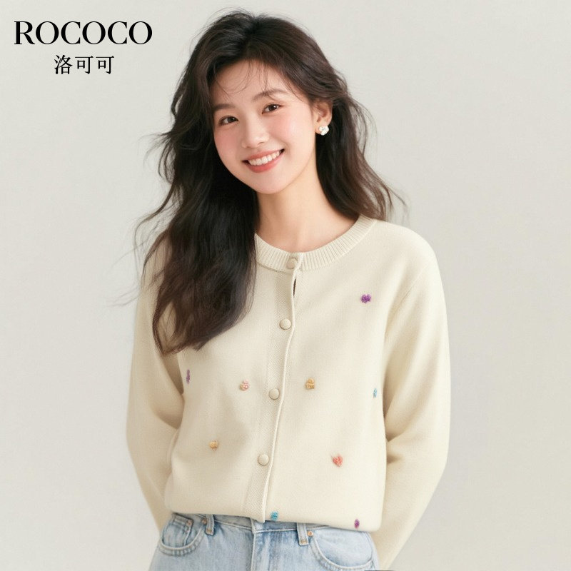 ROCOCO/洛可可时尚立体蝴蝶结针织开衫女新款小个子宽松圆领毛衣