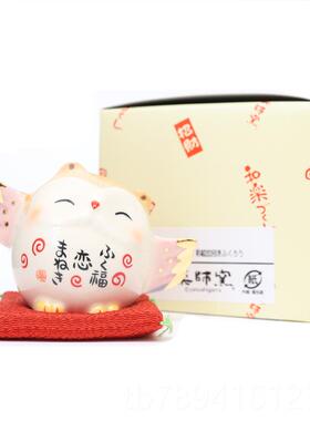 高档现货日本物药师窑幸福圆满猫陶头鹰可爱动家居摆件瓷饰品女友