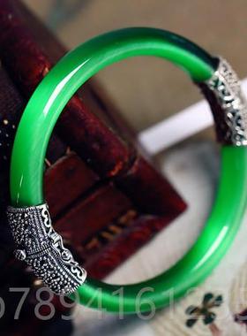 高档送女友银手镯925晶纯猫眼石镯女七夕礼手物水银复古泰银妈妈