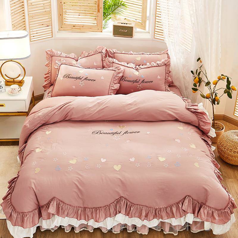 高档公风主上床四件套全棉纯棉荷叶边被床套床裙1.8mins少女心网