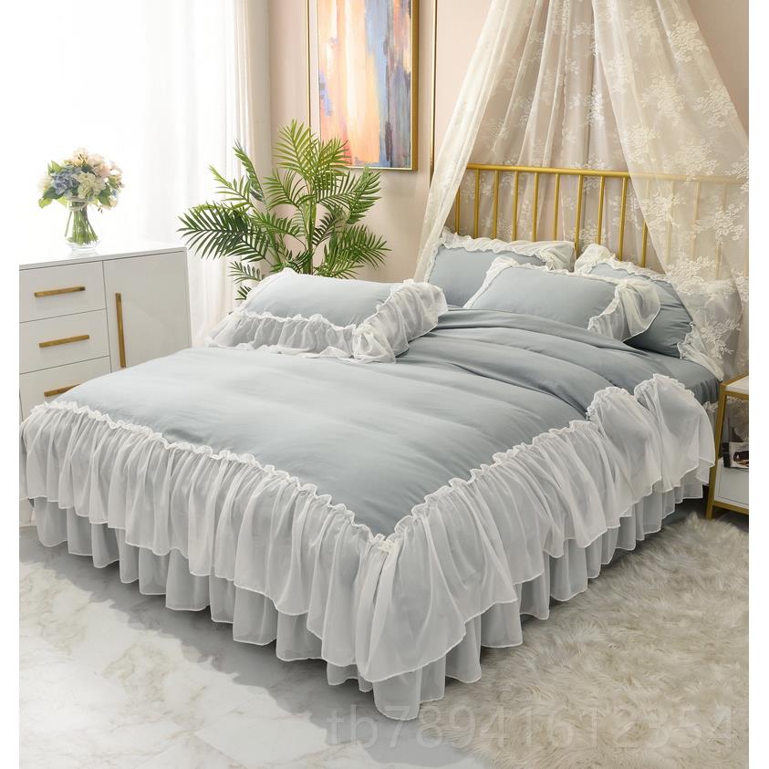 高档韩式公主风少女心用水洗蕾丝雪棉款纺花边四件套纯灰色床裙床