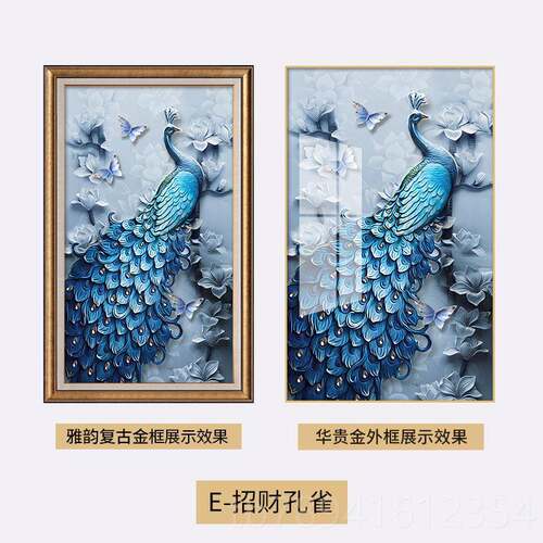 高档孔雀户玄入关装饰新中式壁凤凰挂画竖版手画绘油画招财走廊过