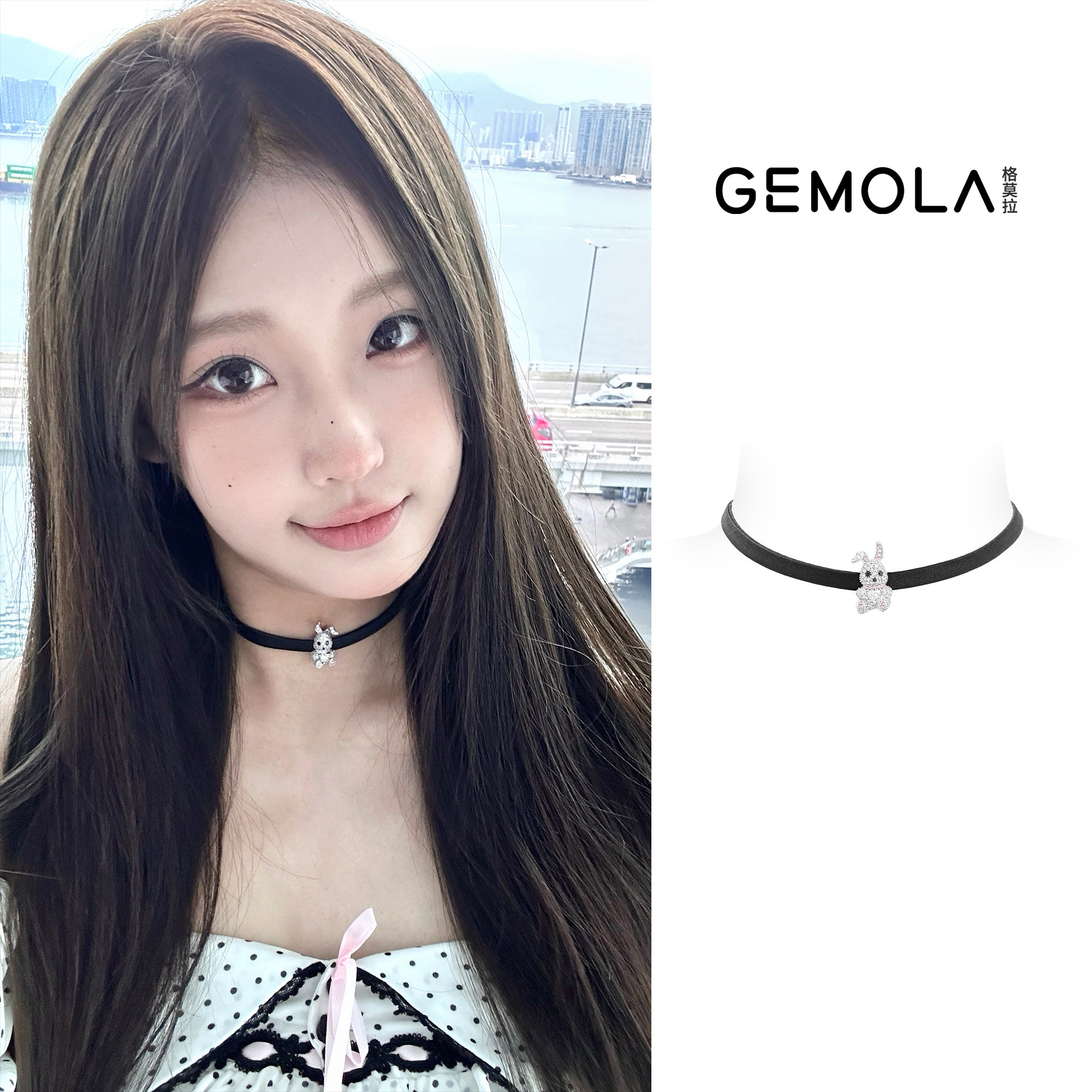 GEMOLA/格莫拉叛逆千金风黑色绸带甜蜜兔兔choker项链可调节