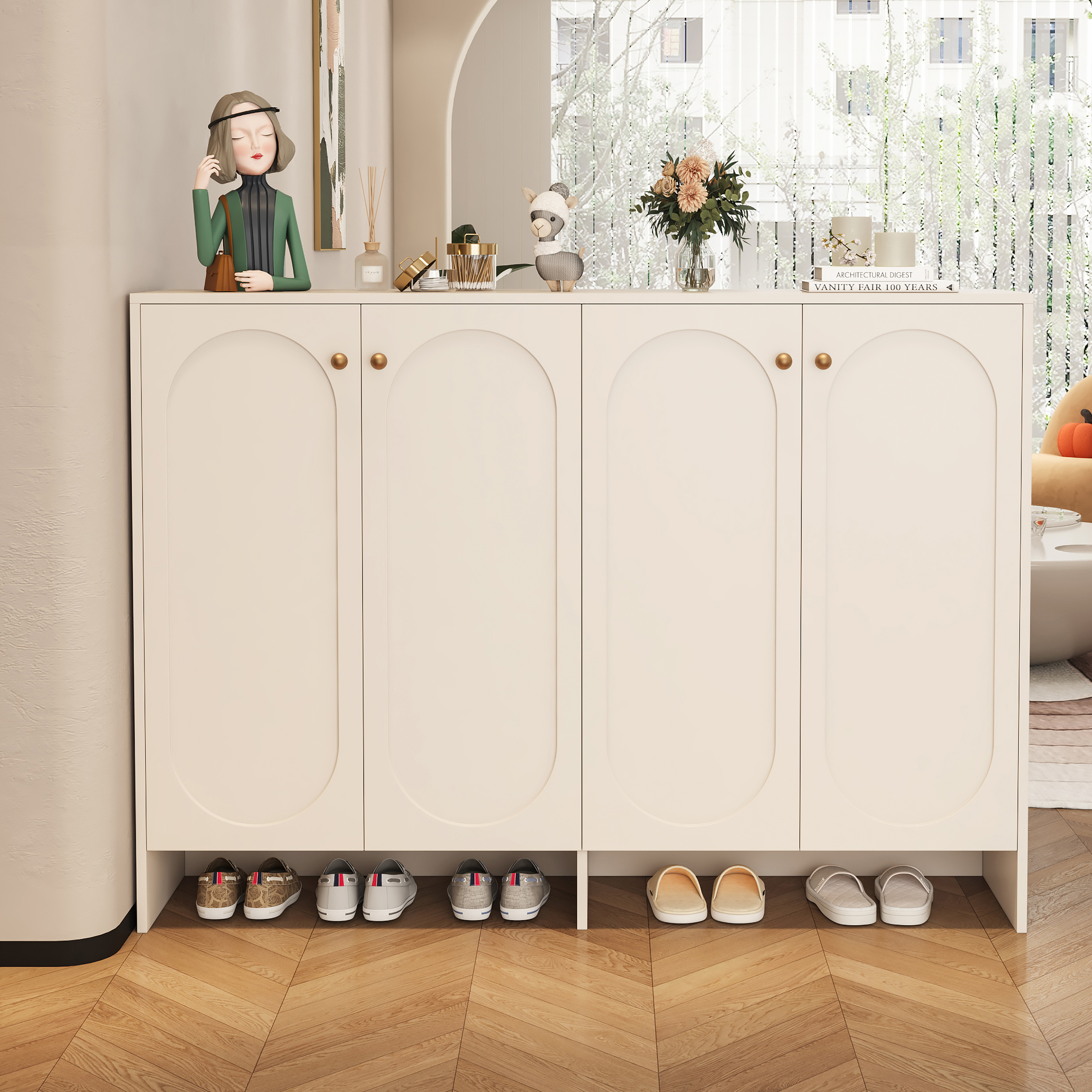 实木鞋柜奶油风家用门口入户玄关柜一体2025新款大容量收纳储物柜