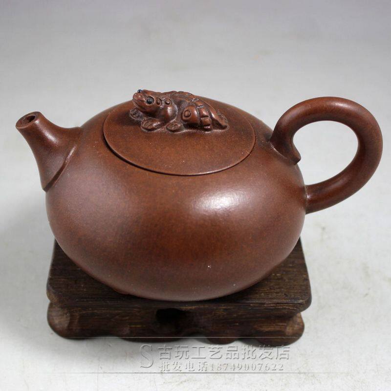 古玩批发复古 制作茶壶酒壶红色兽盖圆形紫砂壶2