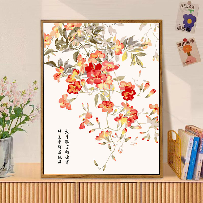中国风凌霄花卉数字油画DIY手工填充涂色高级感新中式客厅装饰画图片