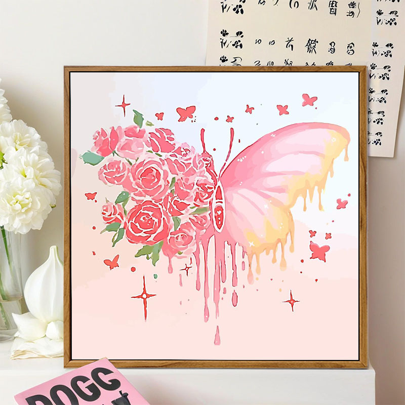 多巴胺玫瑰花蝴蝶数字油画DIY手工绘填充涂色治愈卡通丙烯装饰画图片