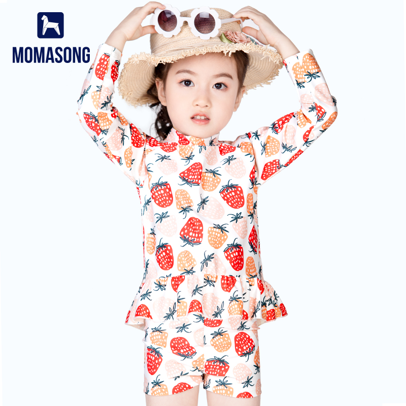 Momasong儿童泳衣女童中x小童长袖分体宝宝游泳衣女孩防晒温泉泳