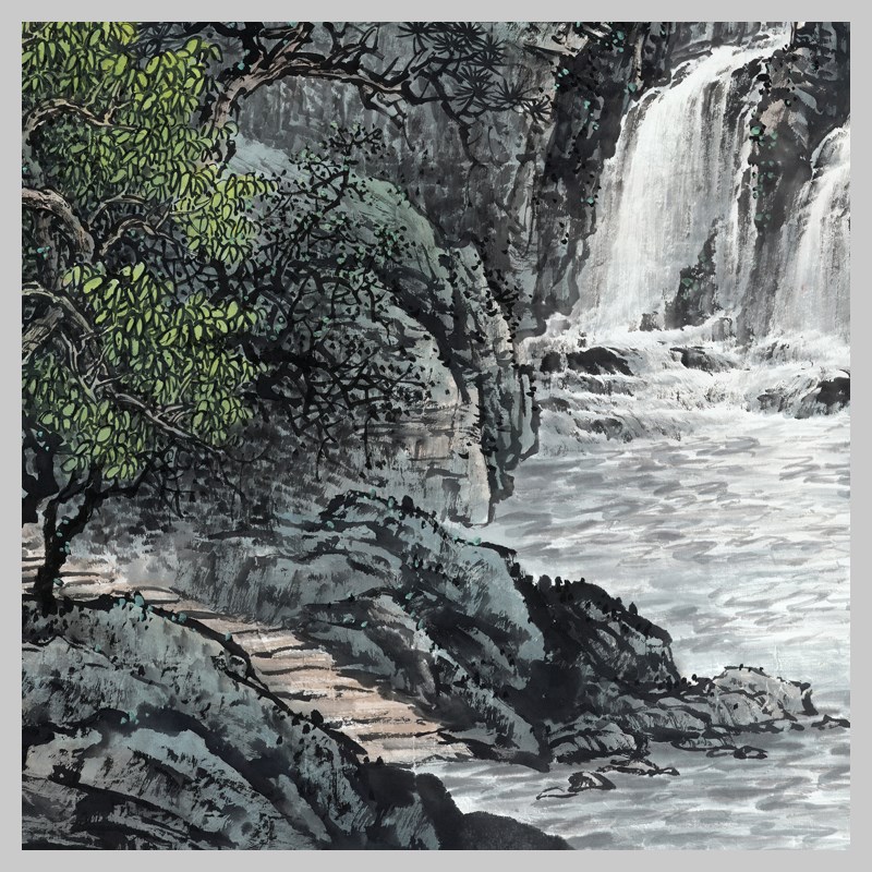 国画 山水画 高山流水 源远流长 竖幅卷轴挂画 微喷复制 装饰画
