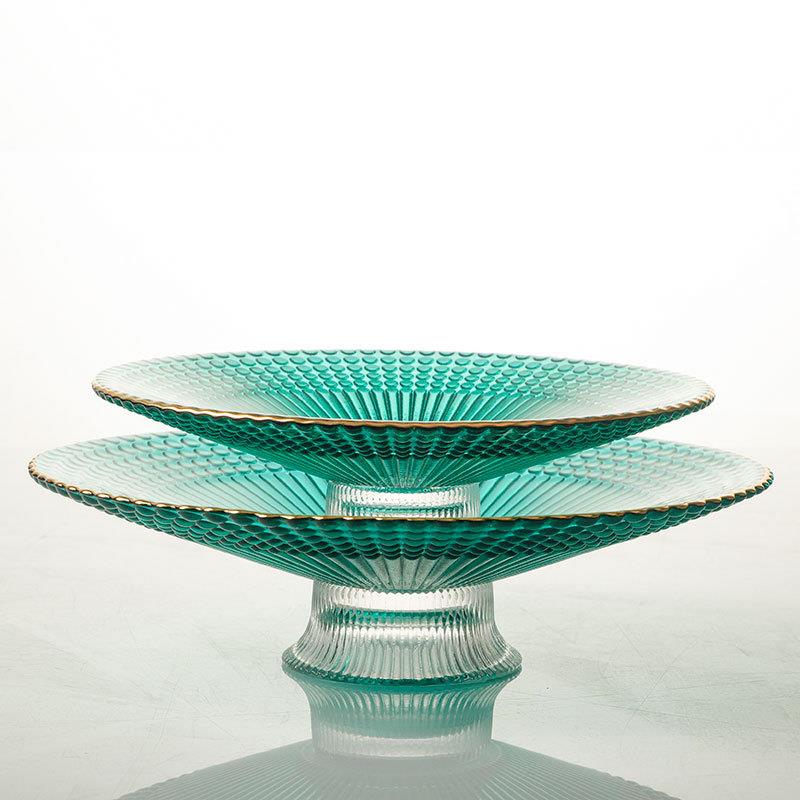 轻奢高脚盘玻璃托盘水果盘客厅摆件会所干果盘餐具自助餐绿色盘子