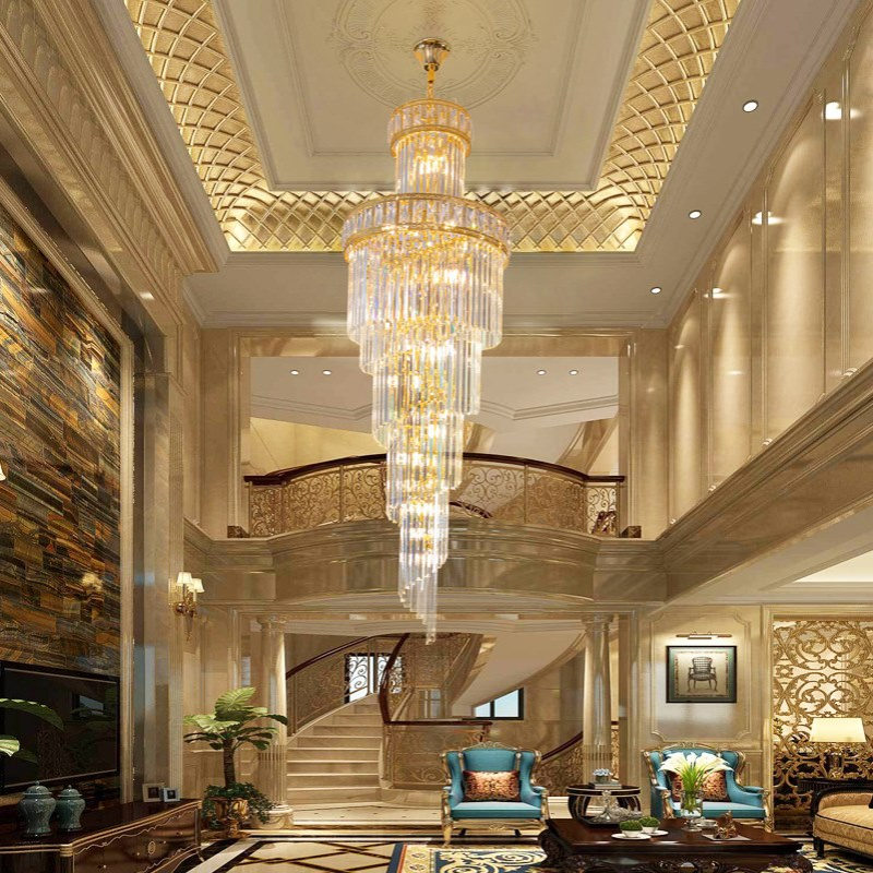 复式楼客厅大吊灯楼中楼旋转楼梯长吊灯别墅中空后现代轻奢水晶灯