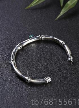 正品银手镯女复心古国风做旧实知足常情乐平安中竹999纯银侣手镯
