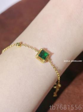 正品手祖母方糖手链 女黄.金纯银翡翠单绿方钻镯轻奢法式复古绿绿