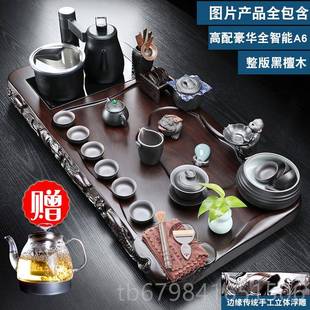 整块黑檀厚边雕大号实木茶盘加套高端功茶具奢装 正品 华夫办公家用