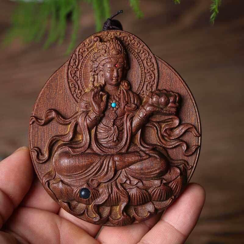 沉香木雕文殊菩萨手把件佛像吊坠装饰车挂件佛手莲花观音菩萨牌子